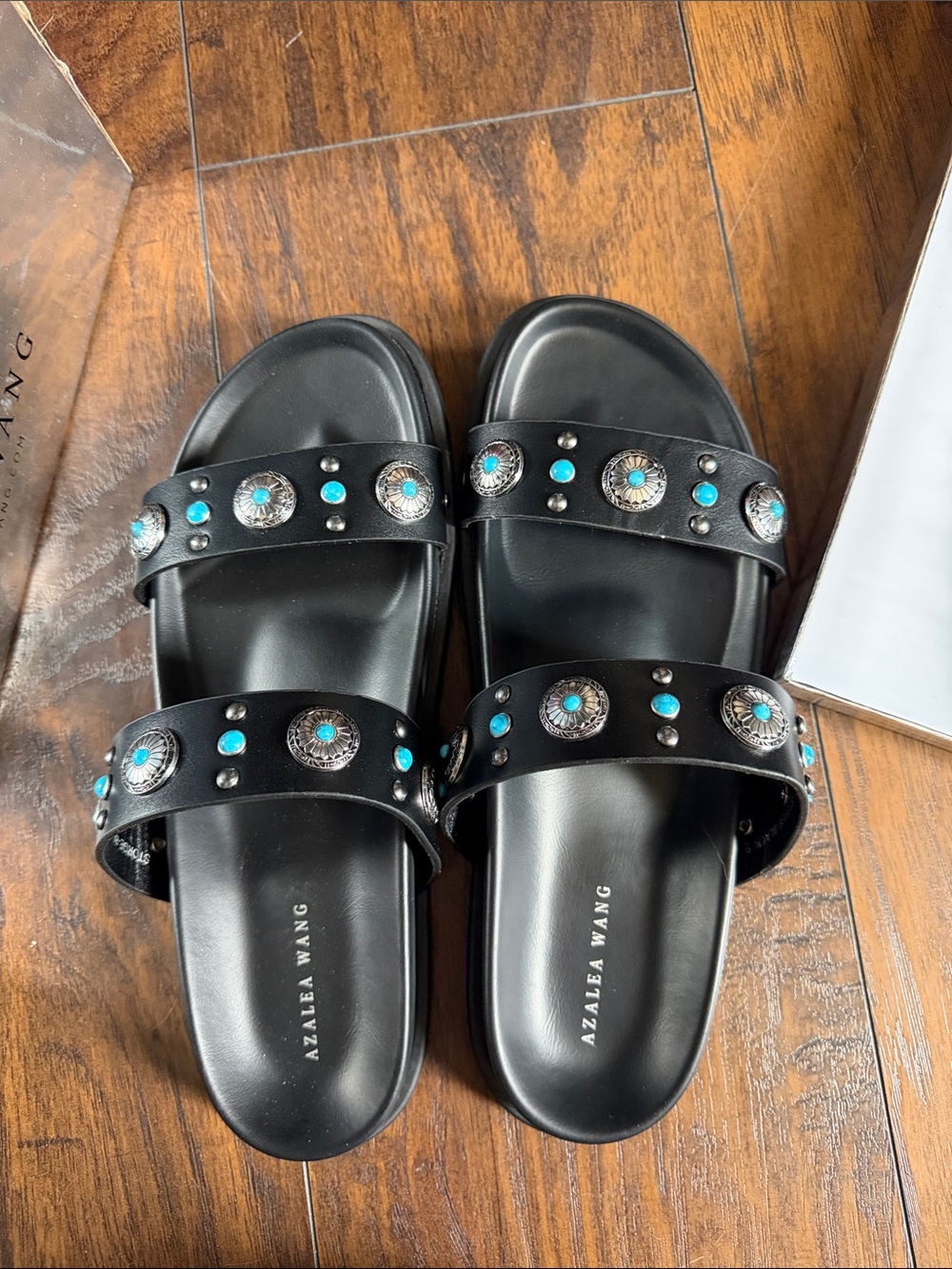 Black Slide Sandals with Turquoise Studs